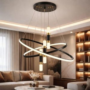 Lustre LED Noir & Doré à Anneaux Entrelacés Moderne – Image 3