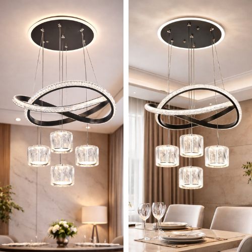 Lustre_LED_Noir_a_Anneaux_Entrelaces_avec_Quatre_Suspensions_Kandeis