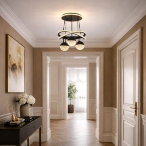 Lustre Suspension LED Noir à Anneaux Cristal Moderne – Image 3