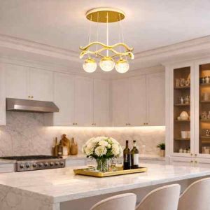 Lustre Suspension Doré Ondulé avec Boules Cristal – Image 3