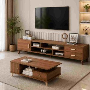 Meuble TV Moderne Bois avec Rangement – Image 2