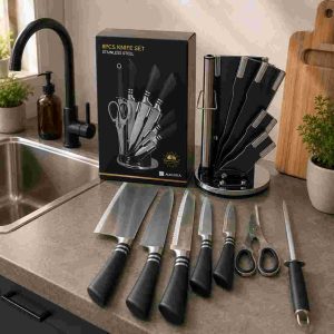 Set de couteaux de cuisine 8 pièces avec support rotatif moderne disponible à Dakar Sénégal